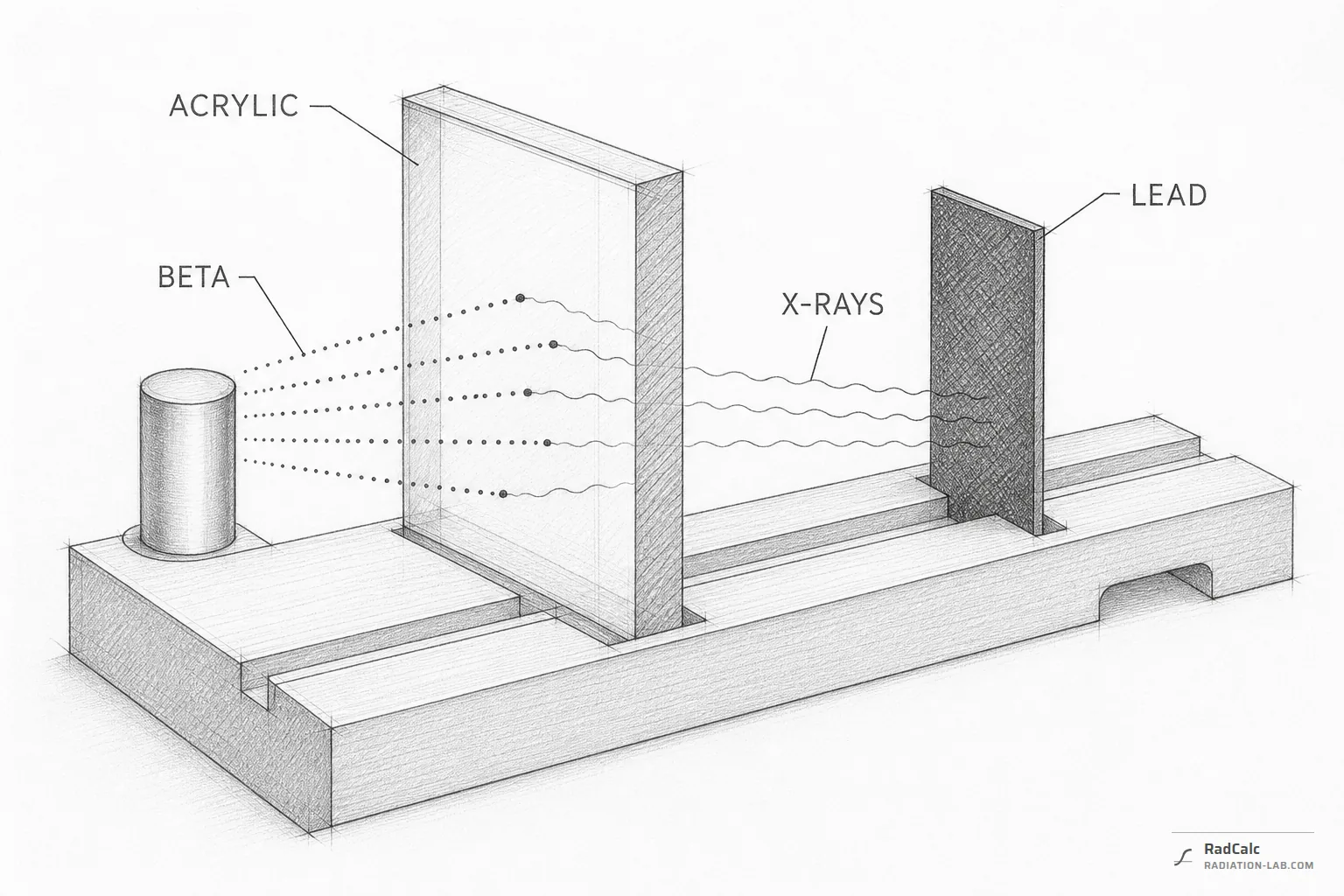 Isometric pencil drawing of a beta shielding stack. A plain unmarked source capsule stands at the left of a machined base. Two panels stand upright further along: first a thick clear acrylic panel, then after a gap a much thinner dark cross-hatched lead plate. Dotted electron tracks labelled BETA leave the capsule and all come to rest inside the acrylic. From those stopping points wavy lines labelled X-RAYS continue through the rest of the acrylic, cross the gap and end inside the lead plate. Leader lines label the two panels ACRYLIC and LEAD.