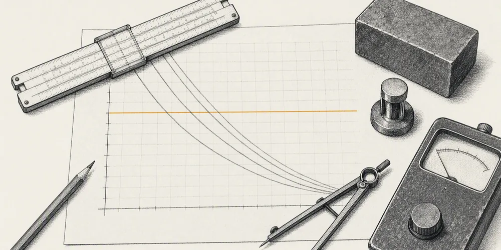 A slide rule and drafting compass on a worksheet of attenuation curves, with a lead brick and a survey meter.