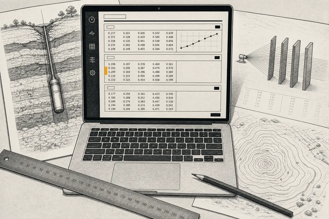 An inked drawing looking down onto a drafting table. An open laptop sits in the middle, its screen showing the tool at work: a narrow icon rail down the left, then three stacked test panels, each with a clause chip, a verdict badge and a ruled table of measured figures, one row marked by an amber reference bar, and a small plot of measurement points in the first panel. Pushed aside around the laptop are three paper studies — a section of rock strata with a canister lowered down a borehole, a source whose rays thin through a stack of four shielding slabs, and a set of nested dispersion contours over a landform — with a steel rule and a pencil across them.