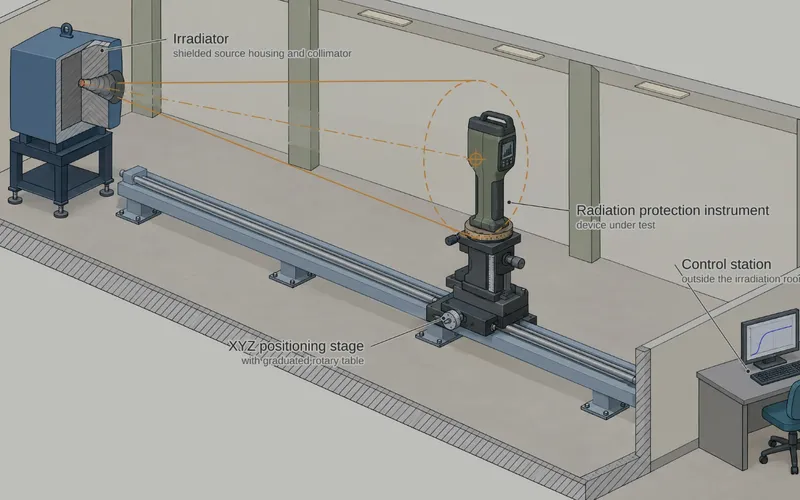 Isometric drawing of an instrument test room: a shielded irradiator with collimator on the left, a radiation protection instrument under test on an XYZ positioning stage with a graduated rotary table on a long rail, and the control station outside the room on the right.